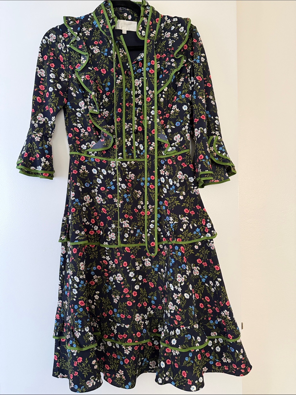Michael Agal Black Floral Ruffle Tiered Dress With Green Trim